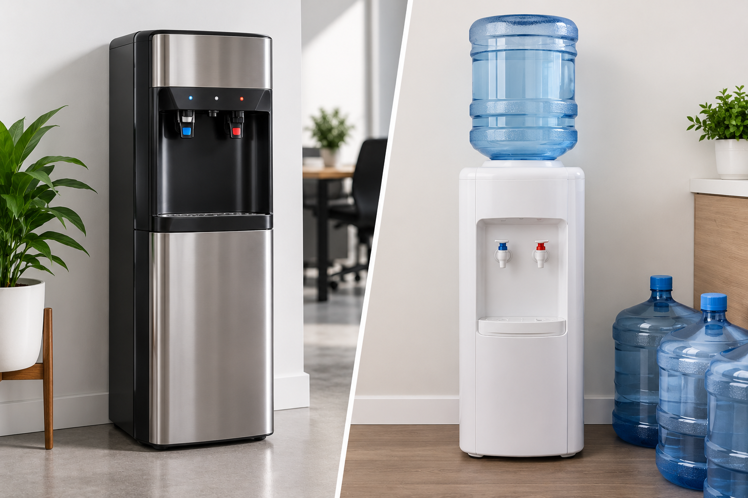 Bottleless water cooler and traditional bottled water dispenser shown side by side in a clean office setting.
