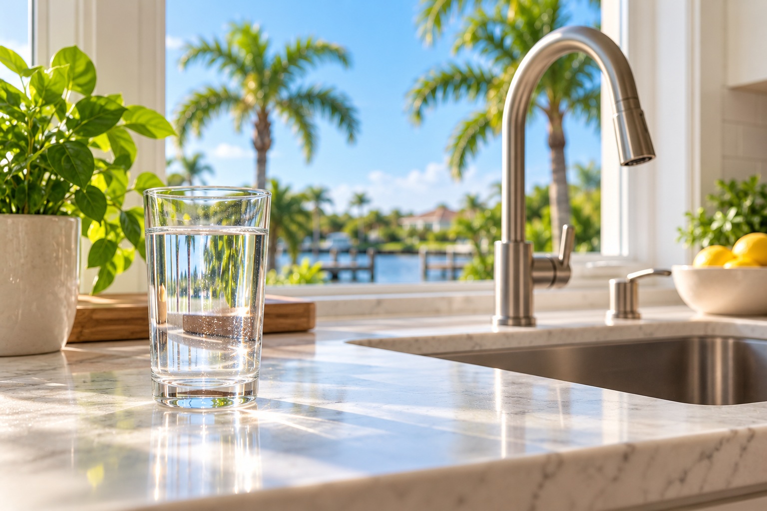 A fresh glass of water on a modern kitchen counter next to a window with palm trees outside.